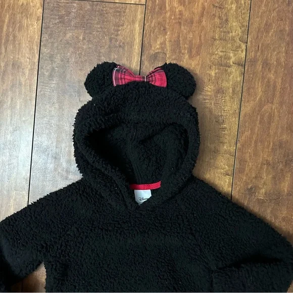Disney Minnie Mouse Cozy Black sherpa Hoodie with Bear Ears and plaid bow 2T - Picture 2 of 3